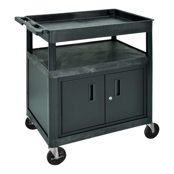 A black cart with two shelves and a cabinet.