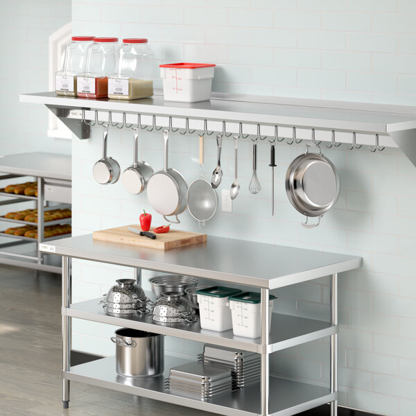 Regency 18" x 96" Stainless Steel Wall-Mounted Pot Rack with Shelf and 18 Galvanized Hooks