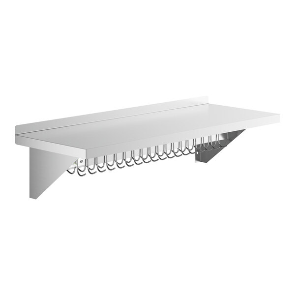 A stainless steel wall-mounted shelf with metal hooks.