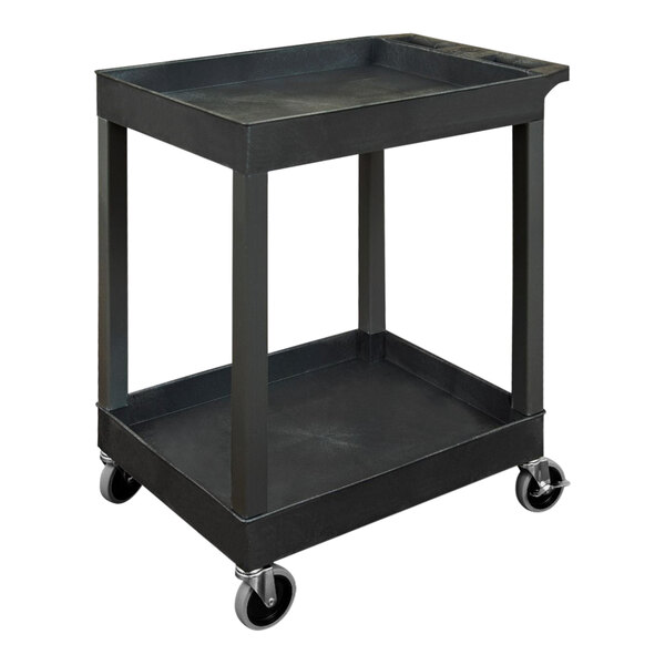 A black plastic utility cart with wheels.