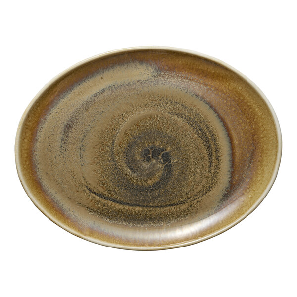 A brown and white porcelain oval coupe platter with black swirls on it.