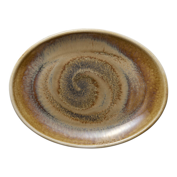 A white porcelain oval platter with a brown spiral design.