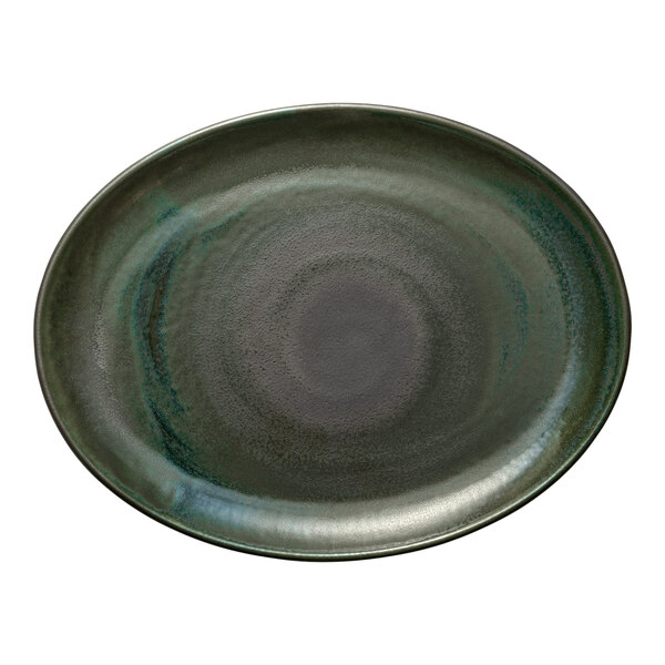 An avocado oval platter with a black center and green rim.