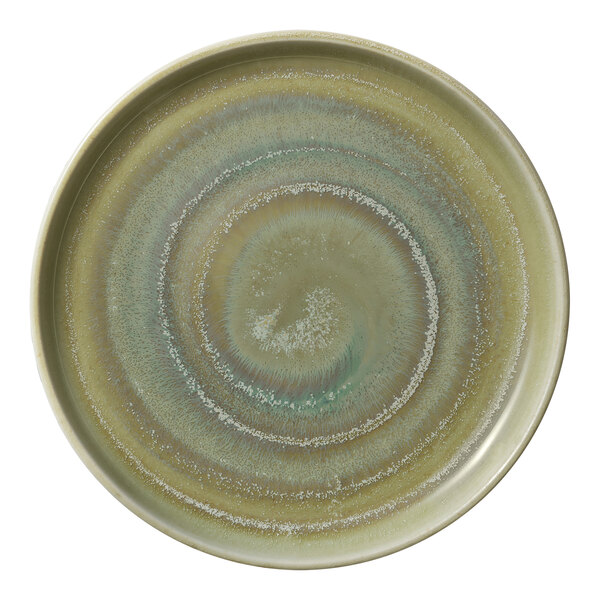 A close up of a Heart & Soul Thyme porcelain plate with raised spiral rim. The plate is green with blue swirls.