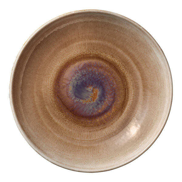 A close-up of a Heart & Soul cumin porcelain coupe plate with a spiral design.