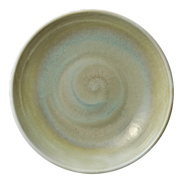 A Heart & Soul Thyme porcelain deep coupe plate with a white rim and green and blue bowl design.