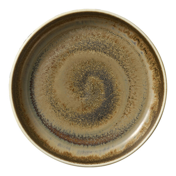 A white porcelain plate with brown and gray swirls on the raised rim.