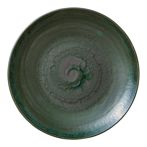 A green Heart & Soul porcelain coupe plate with a swirl pattern.