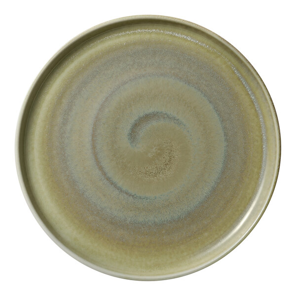 A Heart & Soul Thyme porcelain plate with raised rim and swirls on it.