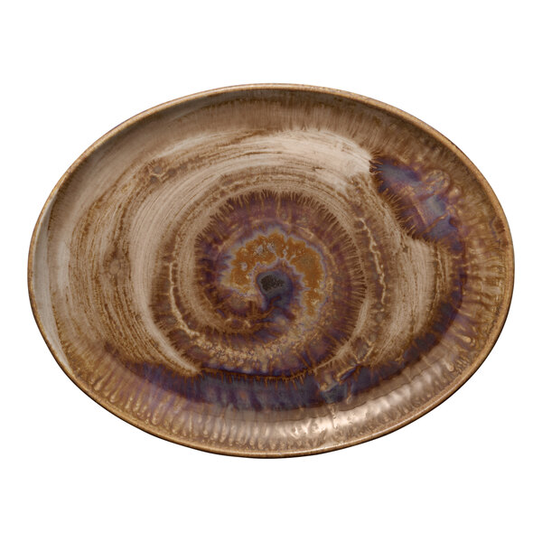 A white porcelain oval coupe platter with brown swirls on it.