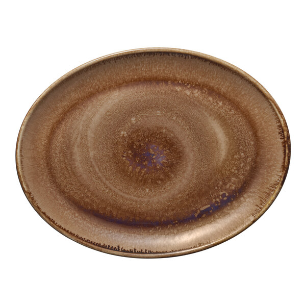 A brown oval Heart & Soul porcelain platter with a spiral pattern.