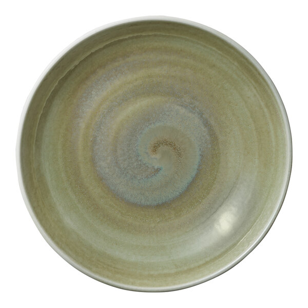 A Heart & Soul porcelain deep coupe plate with a green and white swirl design.
