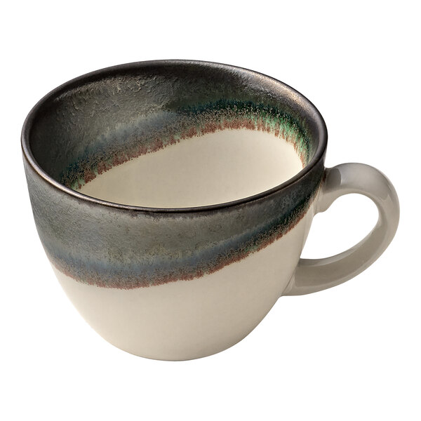 A white porcelain Heart & Soul coffee cup with a green and blue stripe and a handle.
