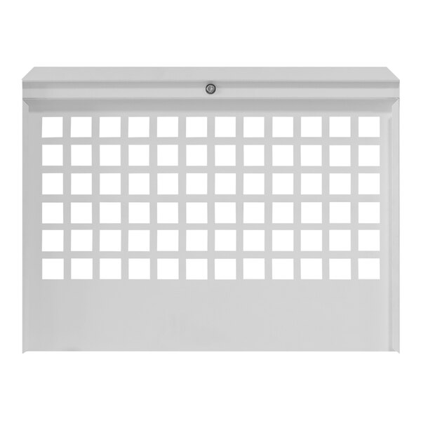 A white metal security cage with square holes.