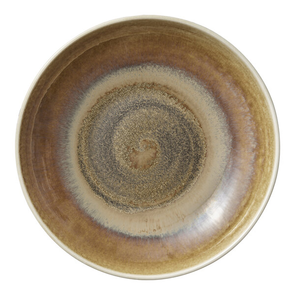 A close-up of a Heart & Soul Cumin Porcelain Deep Coupe Plate with a swirl pattern on the rim in brown and tan.