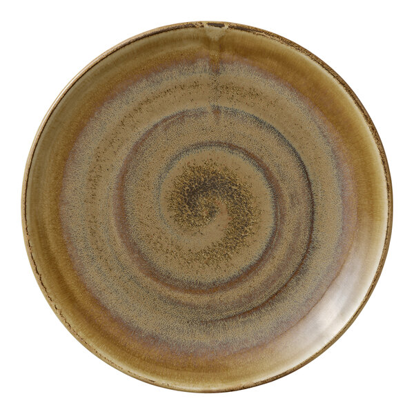 A beige porcelain coupe plate with a brown swirl design.