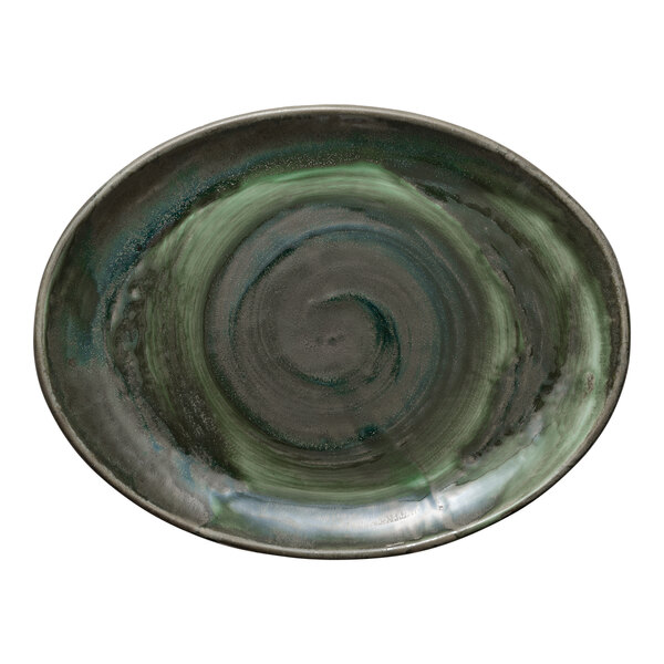 An avocado green porcelain oval platter with a swirl design.
