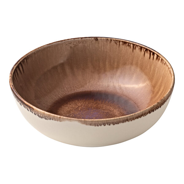 A brown and white porcelain serving bowl with a brown rim.
