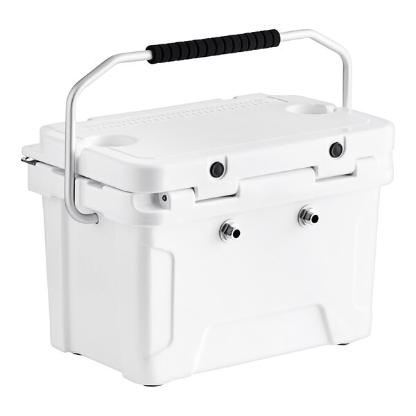 A white CaterGator jockey box cooler with a handle.