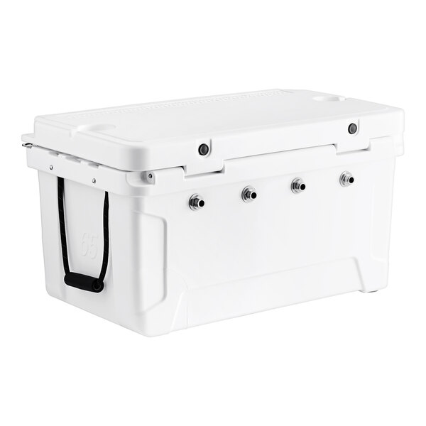 A white CaterGator insulated jockey box cooler with black handles.