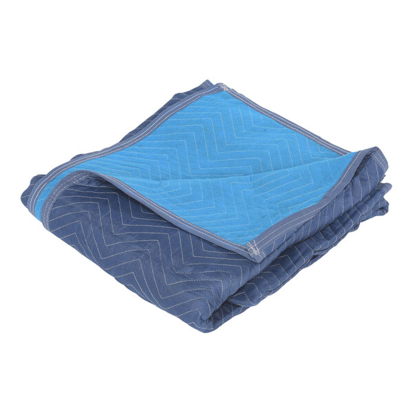 A folded blue Vestil moving blanket with white zigzag lines.