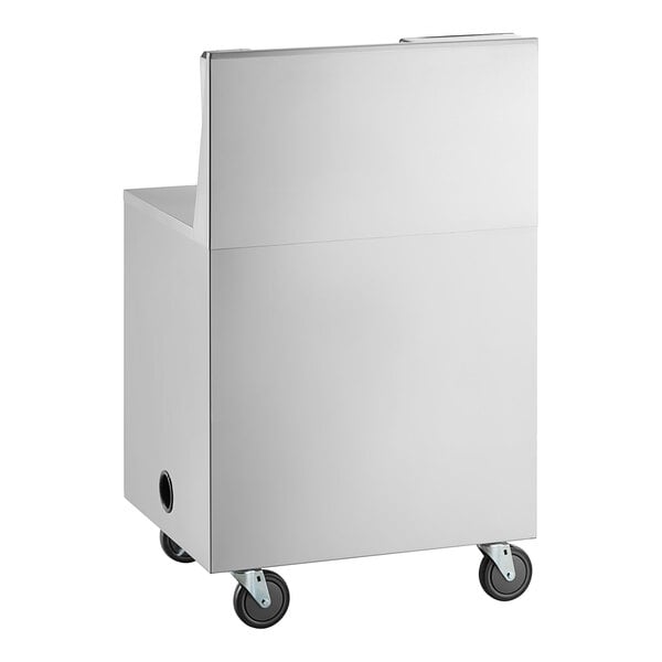 A metal cart with a smooth surface, four caster wheels, and a rectangular shape, viewed from the back.
