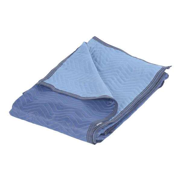A folded blue Vestil moving blanket on a white background.