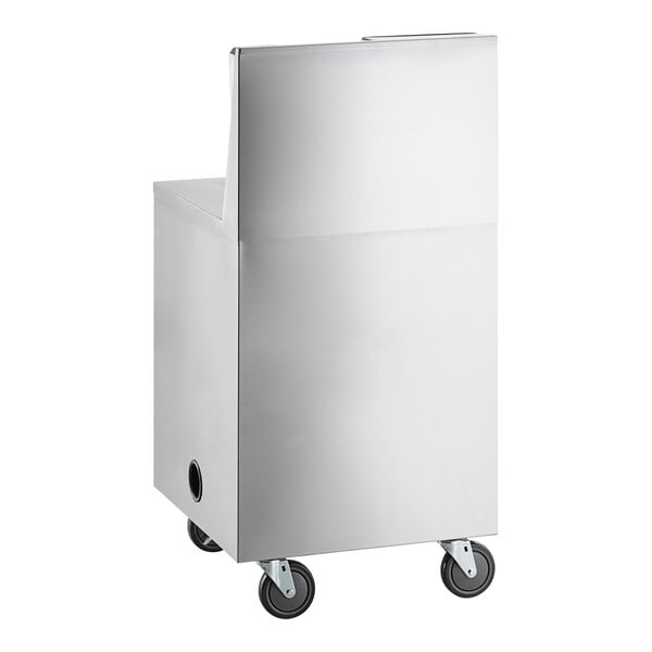 A stainless steel cart with a smooth surface, four caster wheels, and a rectangular shape, viewed from the back.