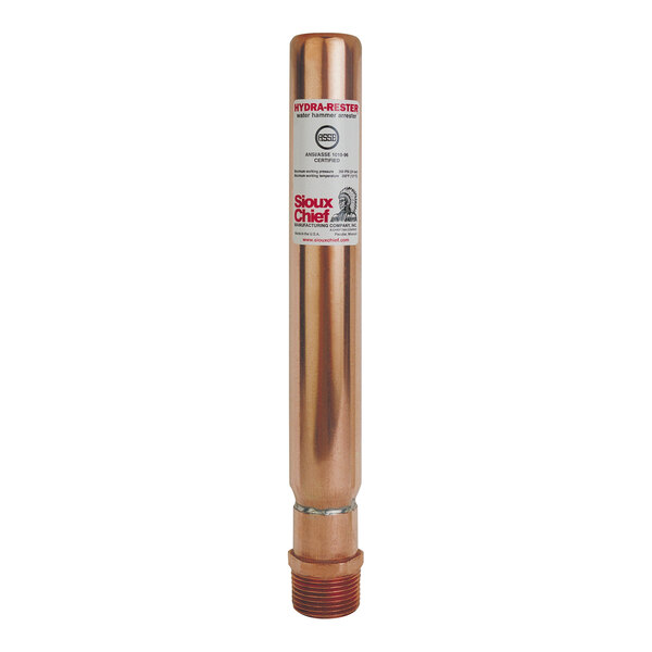 A copper tube with a brown and black striped Sioux Chief water hammer arrestor on it.