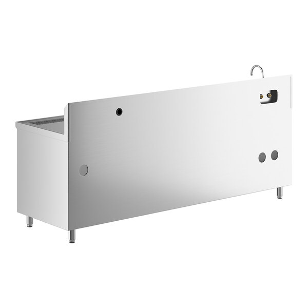 A large stainless steel table with a left-side sink, raised backsplash, and a gooseneck faucet, supported by four metal legs.