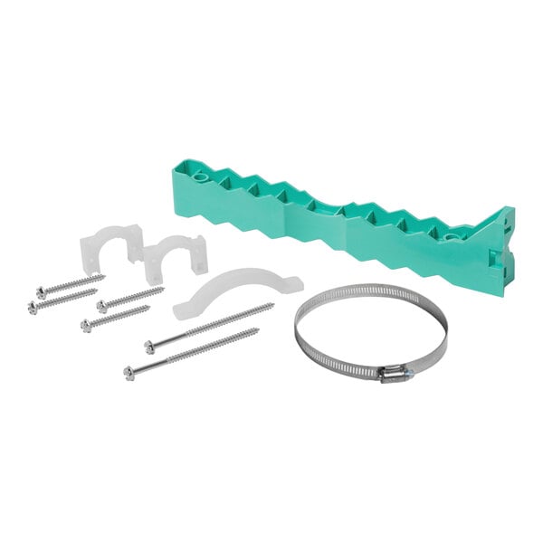 A green plastic pipe clamp with screws and a blue plastic bracket.