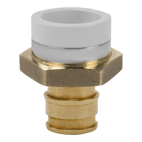 A brass Sioux Chief expansion PEX to white CPVC pipe adapter with white and gold accents.