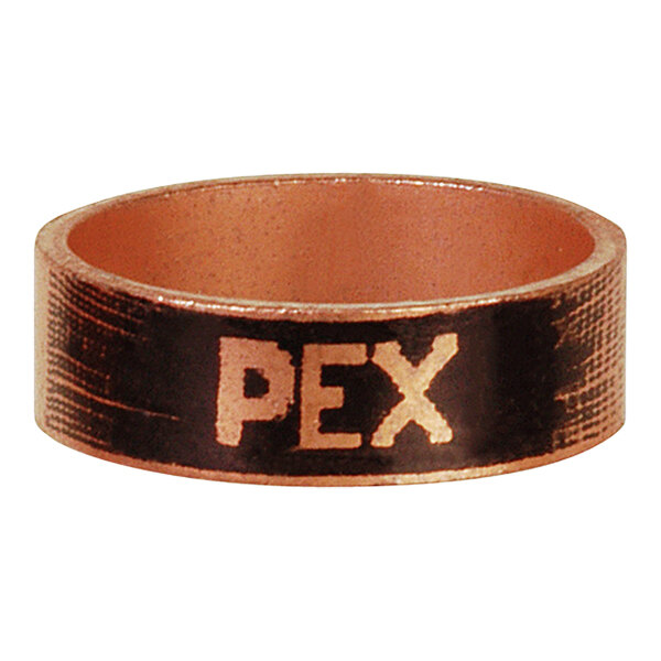 A close-up of a copper Sioux Chief PowerPEX crimp ring with the word PEX in black.