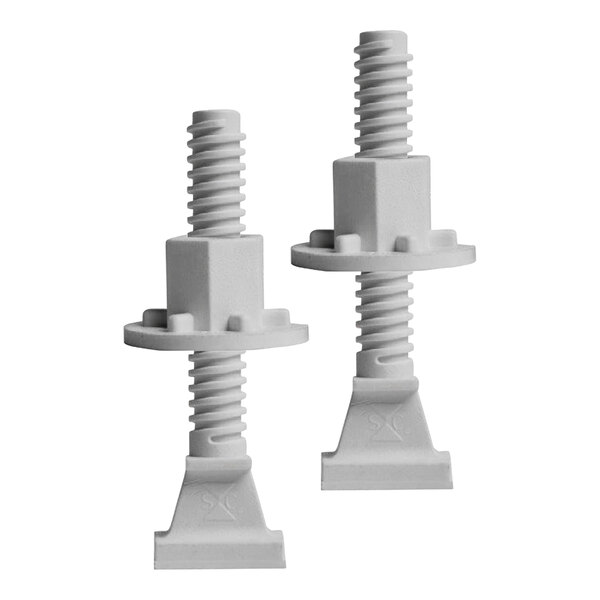 Two white plastic Sioux Chief PlumbPerfect closet bolts.