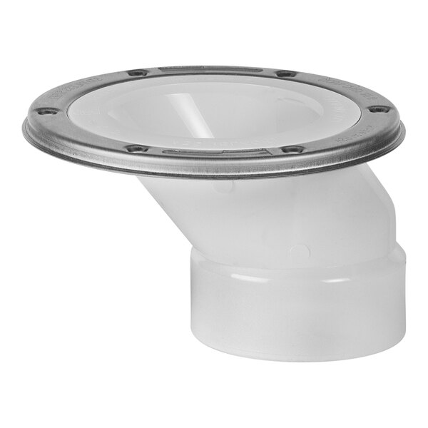 A white plastic Sioux Chief FullFlush open offset closet flange with a silver metal ring.