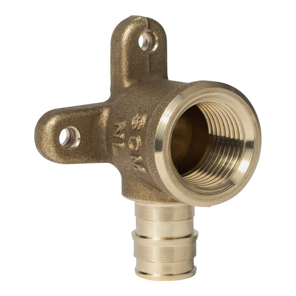 A brass Sioux Chief tub/shower drop ear elbow adapter with a nut.