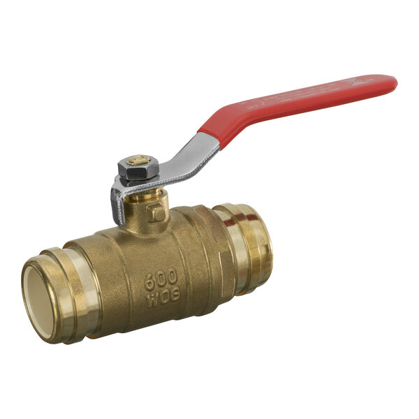 A Sioux Chief brass ball valve with a red handle.