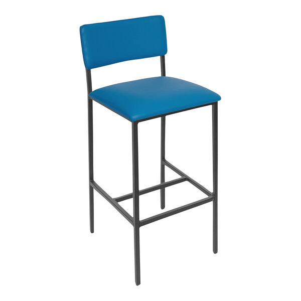 A blue BFM Seating barstool with a black metal frame.