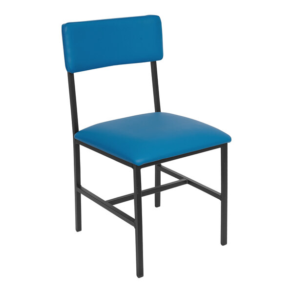 A blue BFM Seating side chair with black legs and seat.