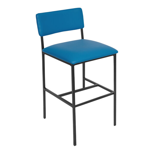 A blue BFM Seating counter height barstool with black legs and vinyl back and seat.