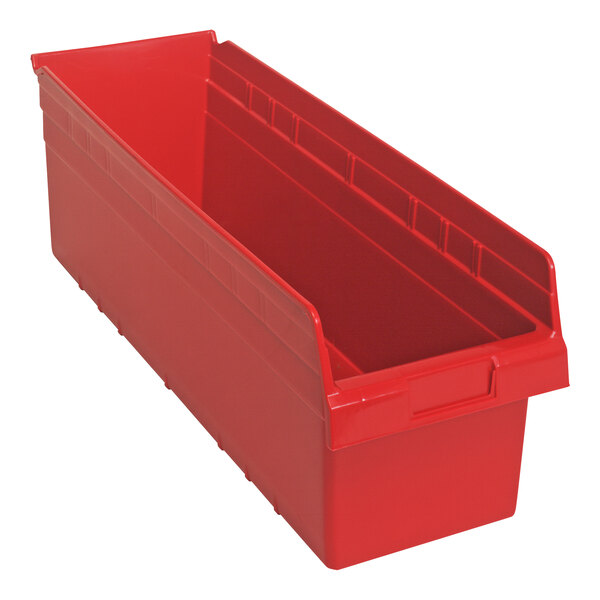 A red plastic Quantum STORE-MAX shelf bin with two compartments.