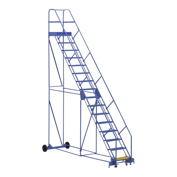 A blue steel Vestil rolling warehouse ladder with white perforated steps and yellow handrails.