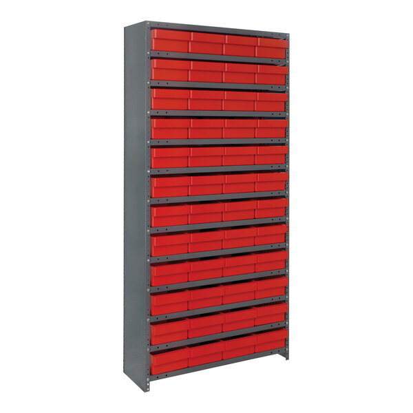 A Quantum steel shelving unit with red Euro drawers.