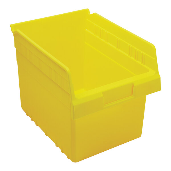 A yellow Quantum STORE-MAX shelf bin with two compartments.