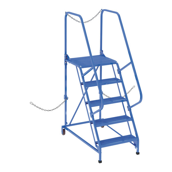 A blue Vestil steel semi-trailer access ladder with chains.