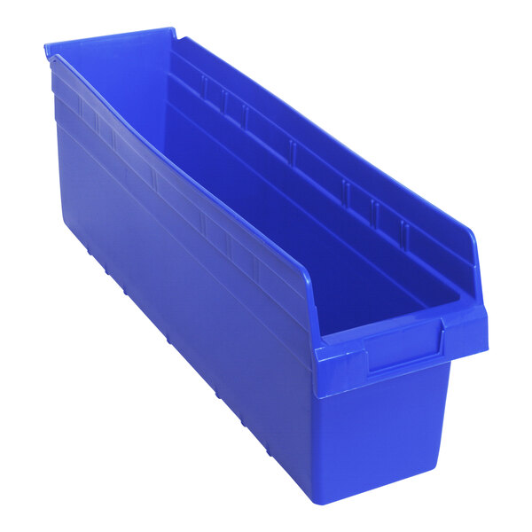 A Quantum blue plastic shelf bin.