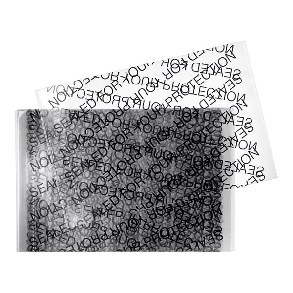 A plastic bag of 2" perforated white shrink bands with black lettering.