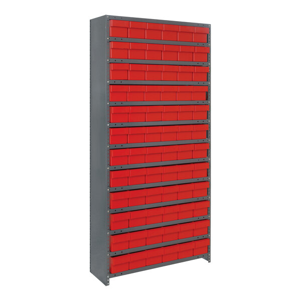 A Quantum steel shelving system with red Euro drawers on each shelf.