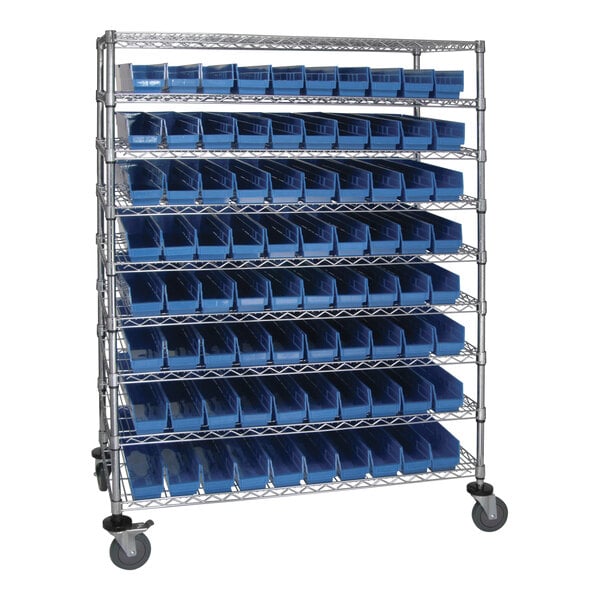 Quantum 48" x 24" x 69" Carbon Steel Mobile Medical Cart with 9 Wire Shelves and (80) 23 5/8" x 4 1/8" x 4" Blue Bins WRC9-63-2448-105BL