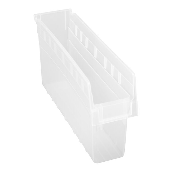 A clear Quantum clear shelf bin with two compartments.
